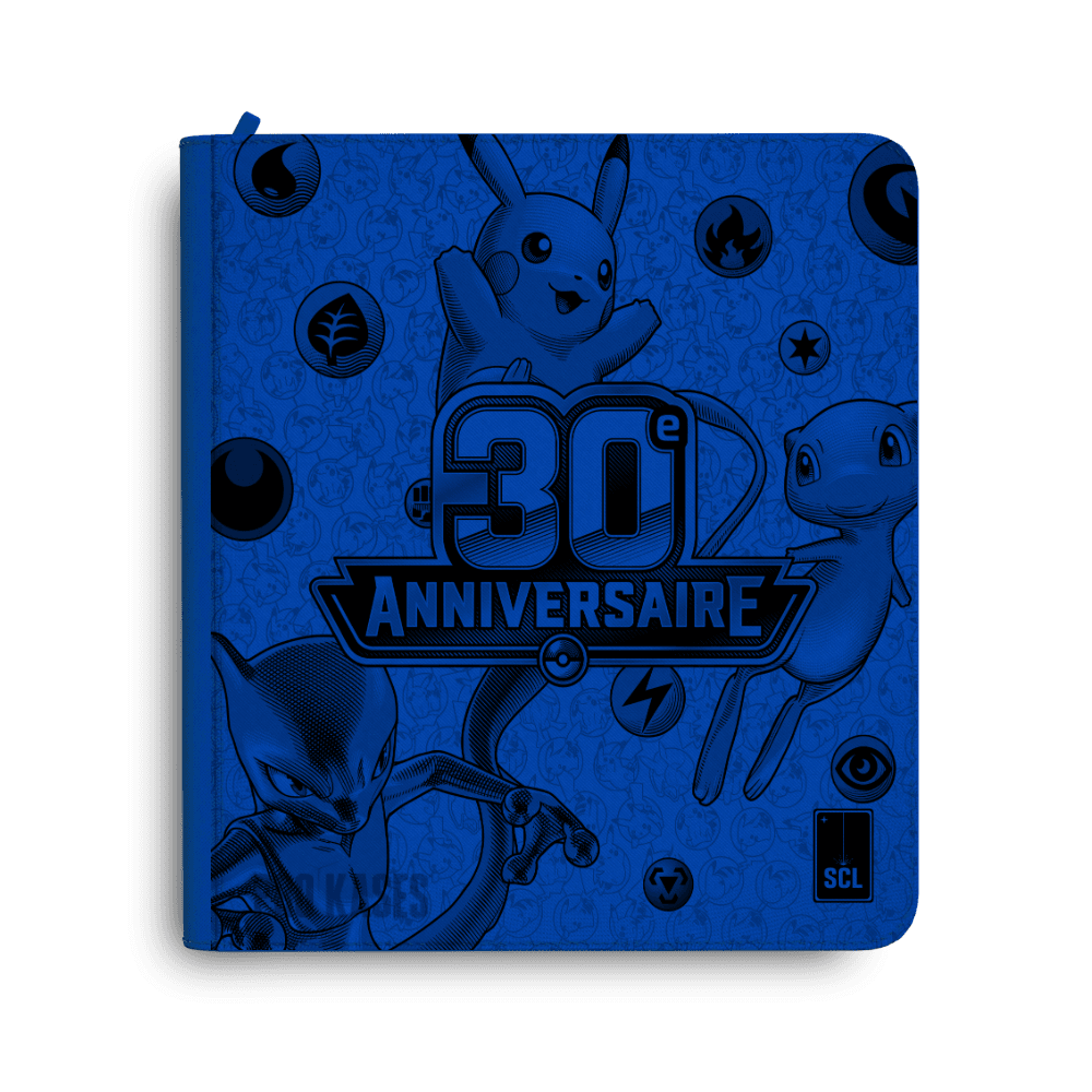 Aperçu du classeur Sulli Card Lab Pokémon 30 ans, bleu, avec Pikachu, Mew et Mewtwo.