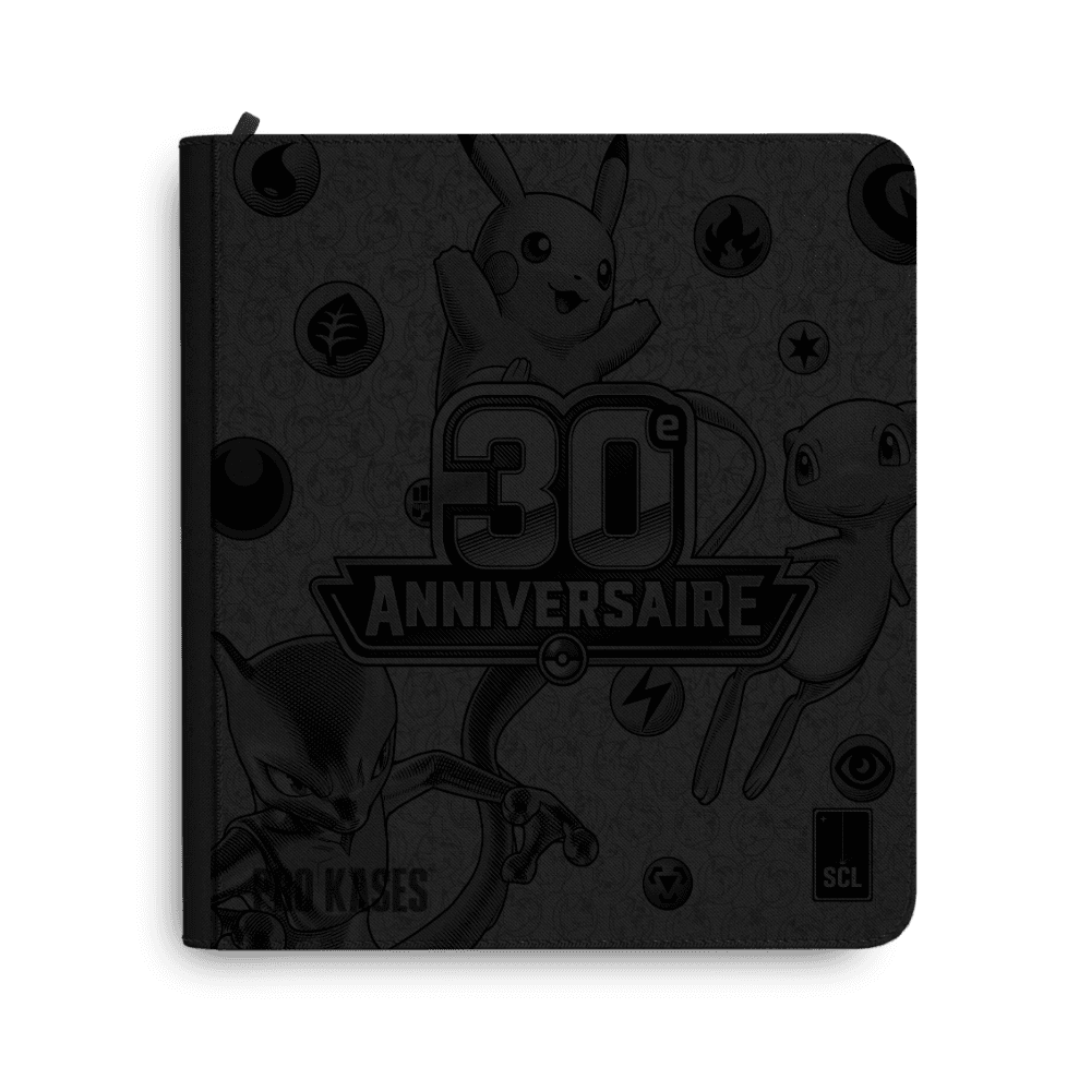 Aperçu du classeur Sulli Card Lab Pokémon 30 ans, noir, avec Pikachu, Mew et Mewtwo.