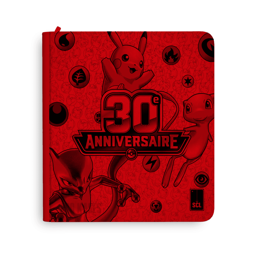 Aperçu du classeur Sulli Card Lab Pokémon 30 ans, rouge, avec Pikachu, Mew et Mewtwo.