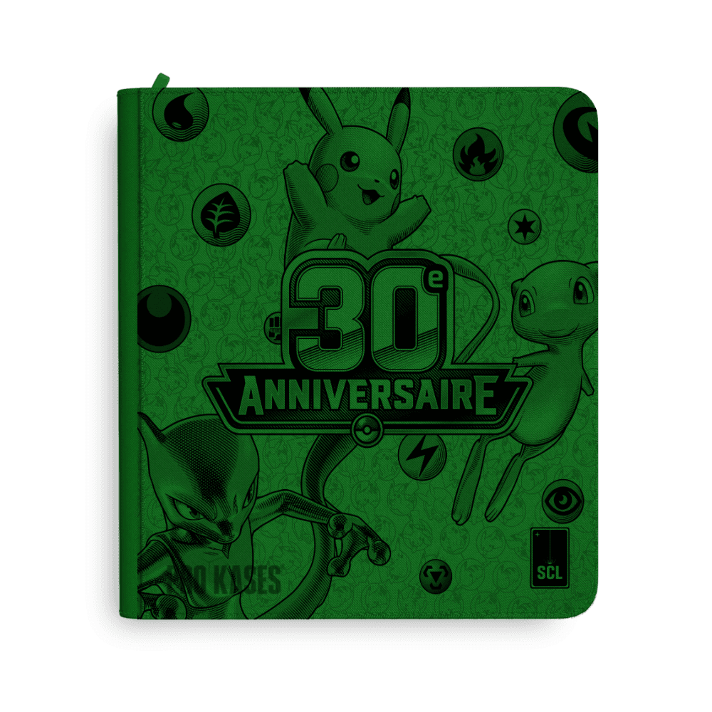 Aperçu du classeur Sulli Card Lab Pokémon 30 ans, vert, avec Pikachu, Mew et Mewtwo.
