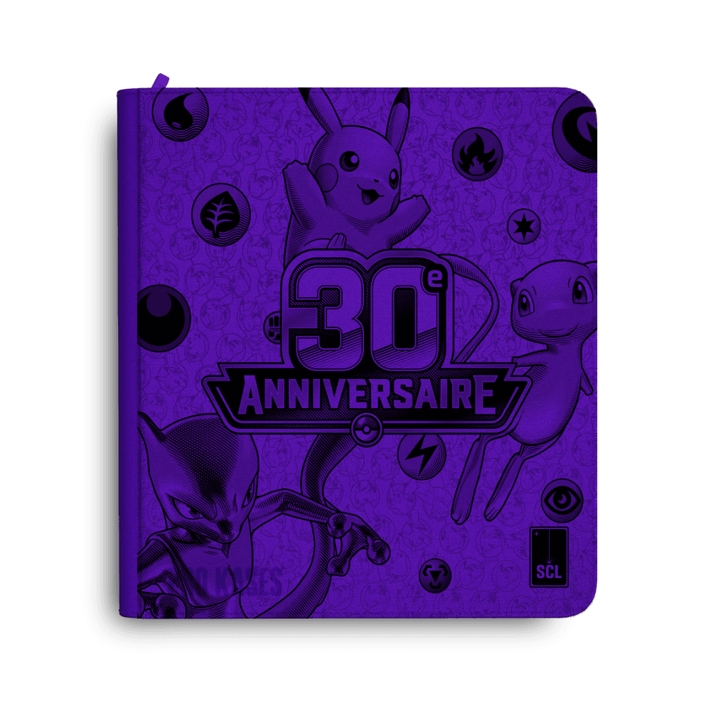 Aperçu du classeur Sulli Card Lab Pokémon 30 ans, violet, avec Pikachu, Mew et Mewtwo.