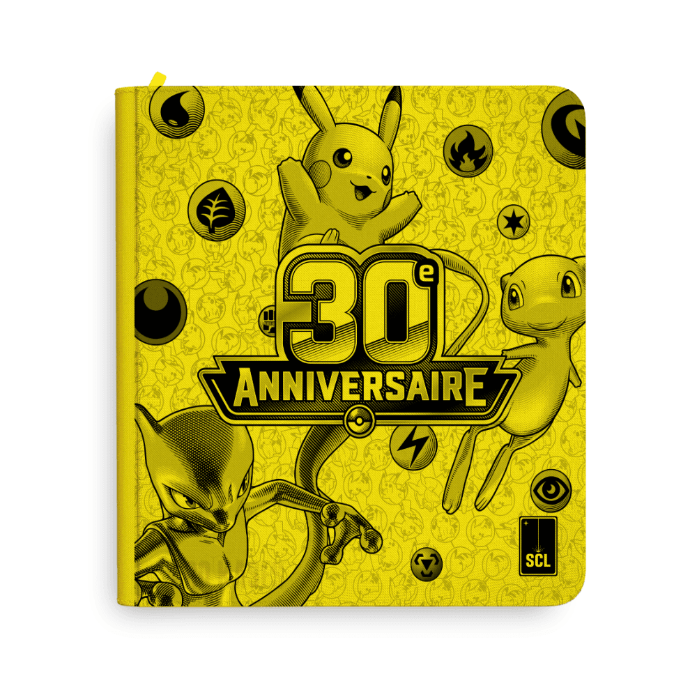 Aperçu du classeur Sulli Card Lab Pokémon 30 ans, jaune, avec Pikachu, Mew et Mewtwo.